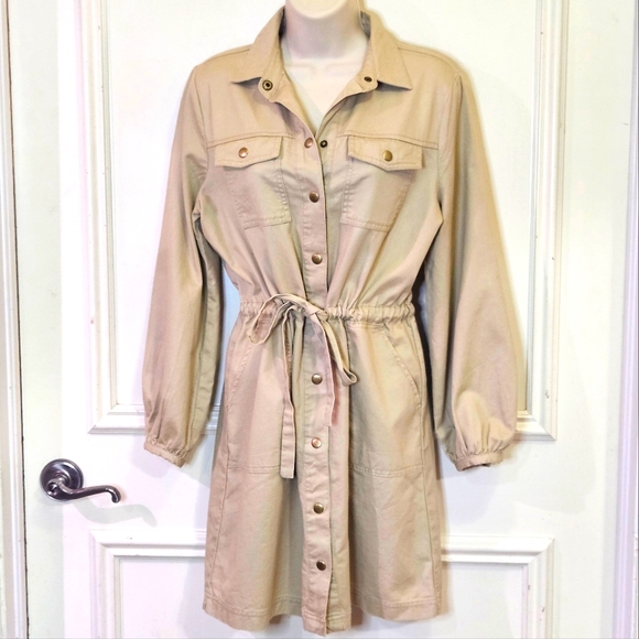 LOFT Beige Snap Front Closure Long Sleeve Shirt Dress,Medium Petite,NWT - Picture 9 of 16